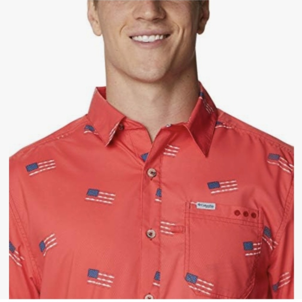 COLUMBIA Slack Tide Flag Print Camp Shirt LG Red PFG BNWT FINAL SALE! 1 LEFT